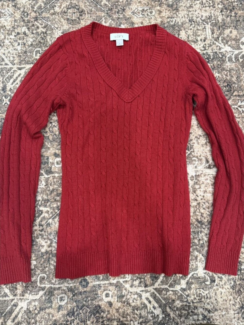 LOFT Red Cable-Knit V-Neck Rabbit Hair Blend Sweater Size S